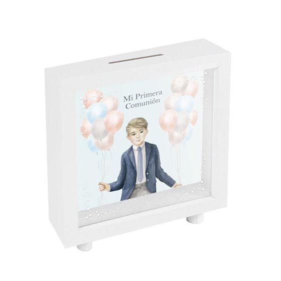 Hucha Cuadrada ARGUVAL Comunión Marco Blanco Niño Con Globos