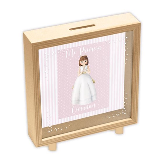 Hucha Madera Cuadrada ARGUVAL Comunión Marco Blanco Niña