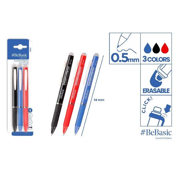 Bolígrafo Borrable BEBASIC En Pack 3 Unidades Rojo Negro Azul