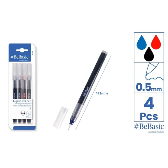 Bolígrafo Tinta Líquida BEBASIC Punta Aguja 0.5 mm. Blister x4 Piezas: 2 Azules 1 Rojo 1 Negro