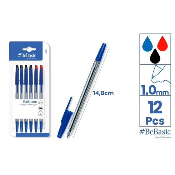 Bolígrafos BEBASIC Punta 1,0 mm. 12 Piezas: 6 Azules, 4 Negros 2 Rojos