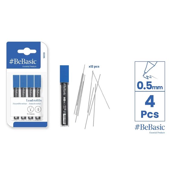 Estuches De Minas BEBASIC 0.5 mm. 4 Cajitas De 12 Minas