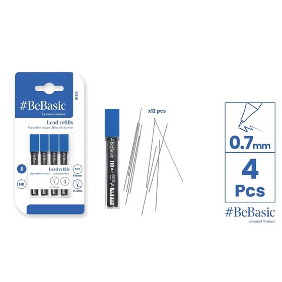 Estuches De Minas BEBASIC 0.7 mm. 4 Cajitas De 12 Minas