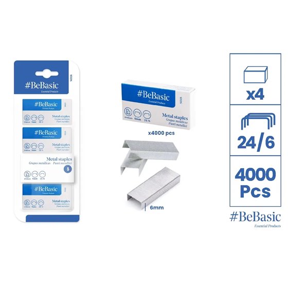 Grapas Metálicas BEBASIC Blíster 24/6 Blister x4 Cajitas de 1000 Grapas