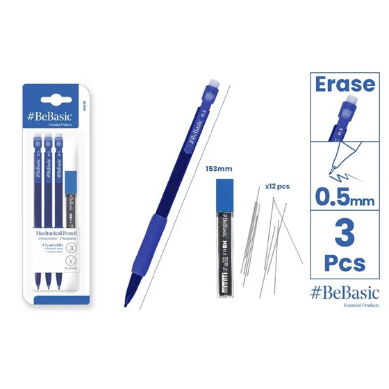 Pack 3 Portaminas y Minas 0.5 mm. BEBASIC