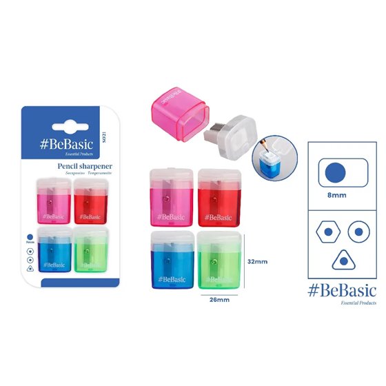 Sacapuntas Con Depósito Y Tapa 1 Agujero BEBASIC Blister x4 Unidades