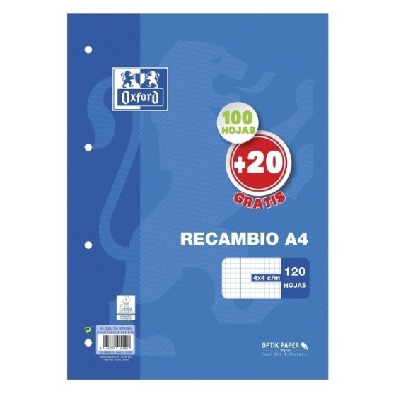 Recambio OXFORD A4 100+20 Hojas Regalo 90 g. 4T Cuadrícula 4 mm.