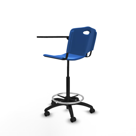 Taburete Robledo giratorio plástico azul brazo con pala diestros base poliamida ruedas autofrenantes 50mm