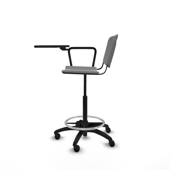 Taburete Robledo giratorio plástico gris claro brazo con pala diestros base poliamida ruedas autofrenantes 50mm