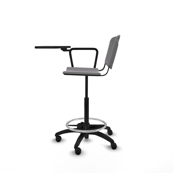 Taburete Robledo giratorio plástico gris claro brazo con pala diestros base poliamida ruedas autofrenantes 50mm
