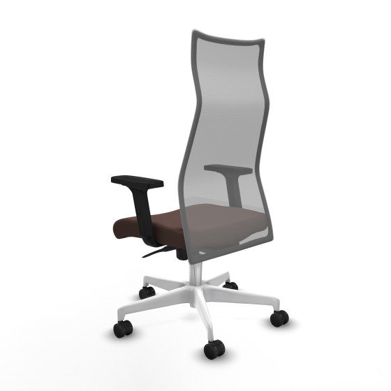 Albacete malla sincro malla gris similpiel marrón oscuro brazos 2D base blanca ruedas 65 mm nailon