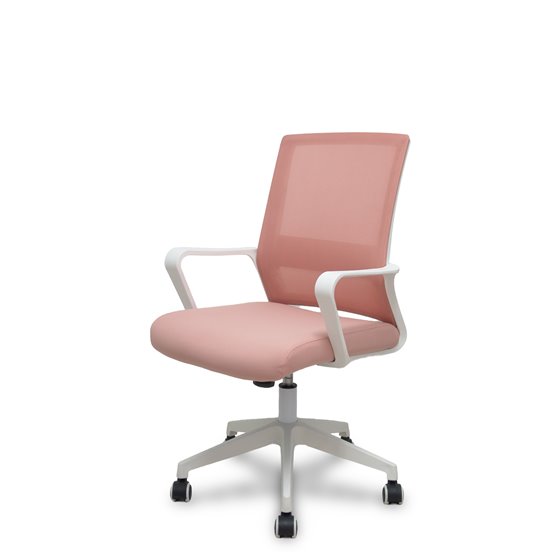 Silla Ergo535 blanca basculante respaldo malla rosa asiento tela rosa ruedas nailon
