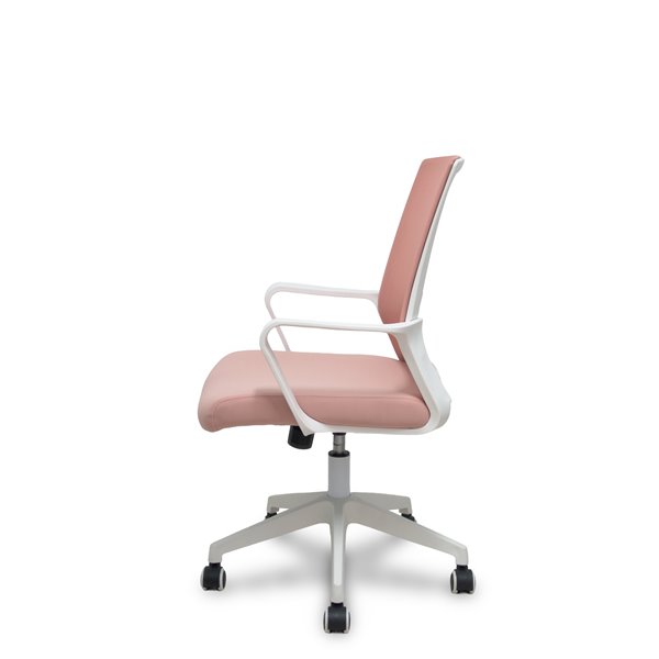 Silla Ergo535 blanca basculante respaldo malla rosa asiento tela rosa ruedas nailon