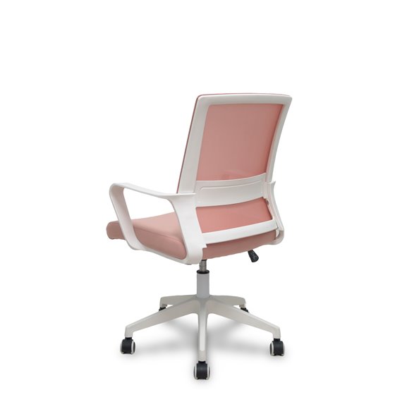 Silla Ergo535 blanca basculante respaldo malla rosa asiento tela rosa ruedas nailon