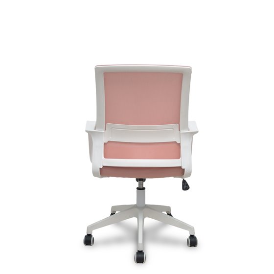 Silla Ergo535 blanca basculante respaldo malla rosa asiento tela rosa ruedas nailon