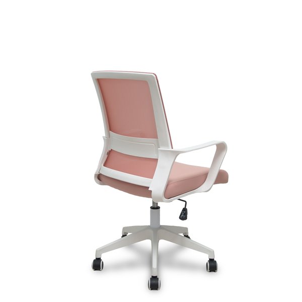 Silla Ergo535 blanca basculante respaldo malla rosa asiento tela rosa ruedas nailon