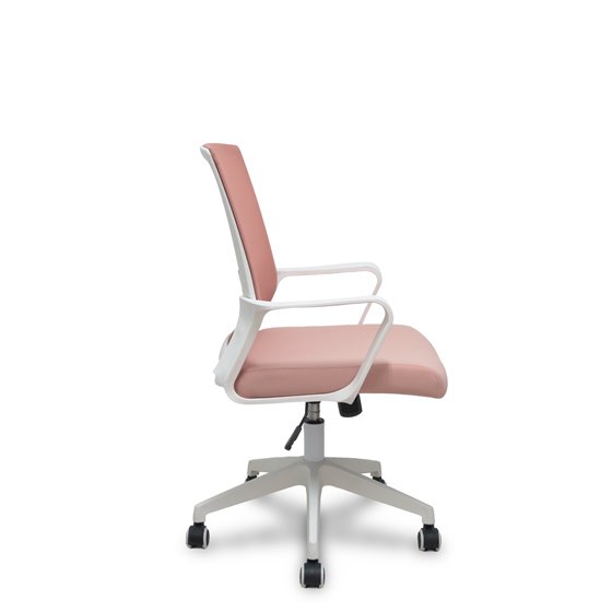 Silla Ergo535 blanca basculante respaldo malla rosa asiento tela rosa ruedas nailon