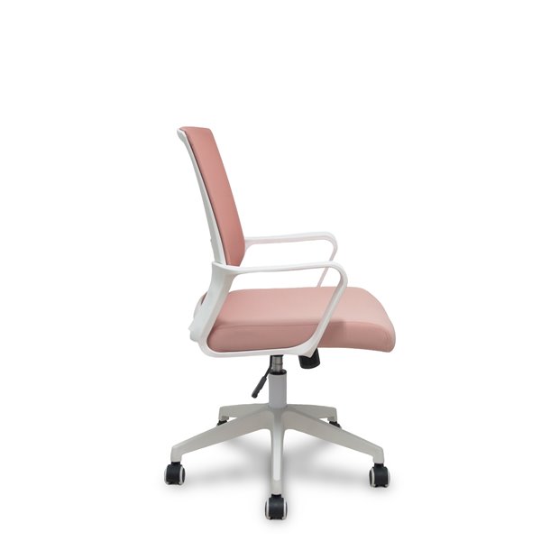 Silla Ergo535 blanca basculante respaldo malla rosa asiento tela rosa ruedas nailon