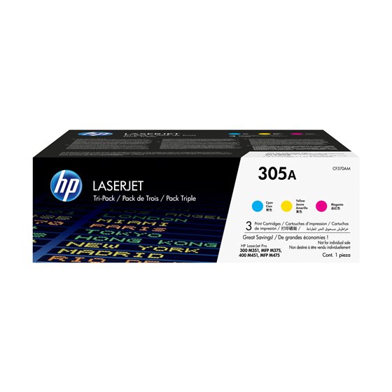 Pack de ahorro de 3 cartuchos de tóner original LaserJet 305A cian/magenta/amarillo