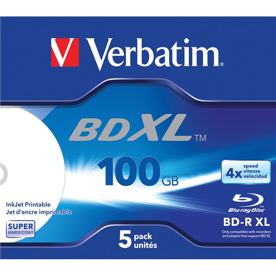 Paquete de cinco en caja Jewel con área de impresión ancha para impresoras de inyección de tinta 4x 100 GB* BD-R XL