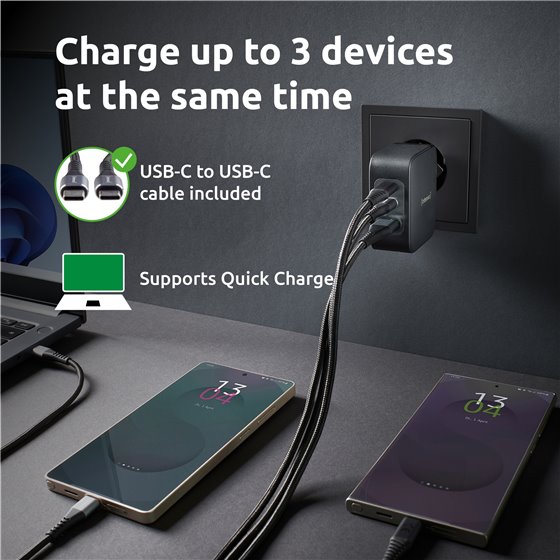 W100ACC+C520C, Set de adaptador de corriente + cable de carga, 100 W, carga rápida, GaN, carga simultánea de 3 dispositivos, neg