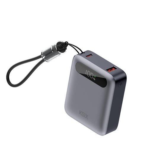 Powerbank 10.000 mAh, Carga rápida 22,5 W PD, Carga simultánea, Cable Convertible USB-C + lazo, Pantalla LED, Gris