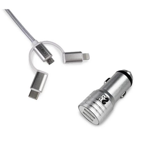 Cargador Coche 2xUSB Dual Car Charger Alum 2.4A + Cable 3 in 1 Silver