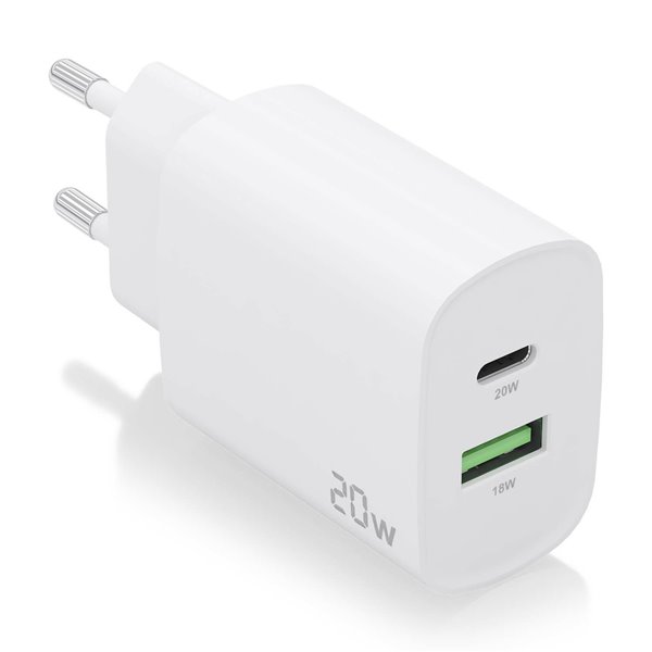 Cargador 20W, 1xUSB-C PD3.0, 1xUSB-A QC3.0, Blanco