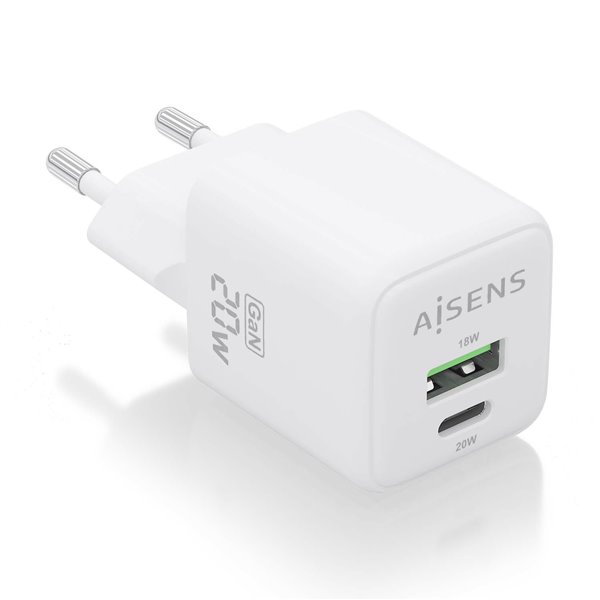 Cargador Gan 20W, 1xUSB-C PD3.0 QC4.0, 1xUSB-A QC3.0, Blanco