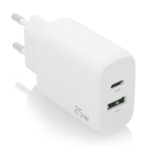 Cargador 25W, 1xUSB-C PD3.0, 1xUSB-A QC3.0, Blanco