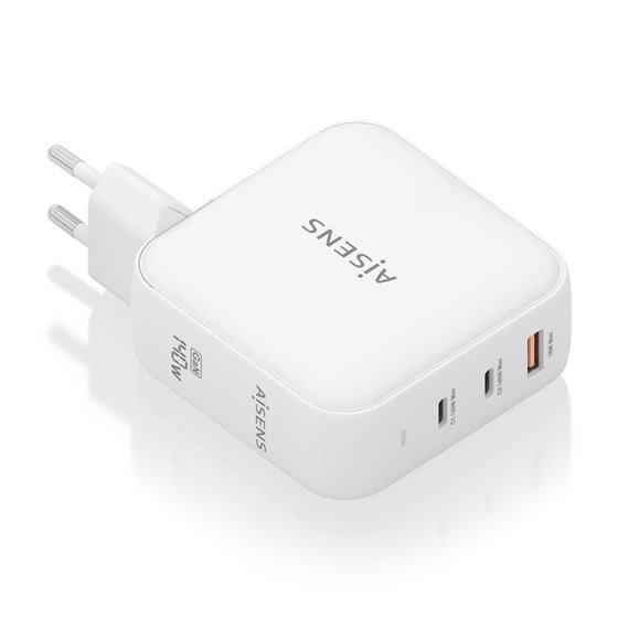 Cargador GaN 140W, 2xUSB-C PD3.1 QC4.0, 1xUSB-A QC3.0, Blanco
