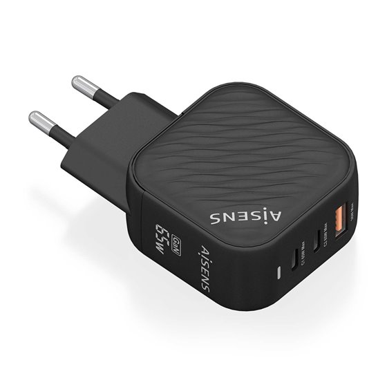 Cargador GaN 65W, 2xUSB-C PD3.0 QC4.0, 1xUSB-A QC3.0, Negro
