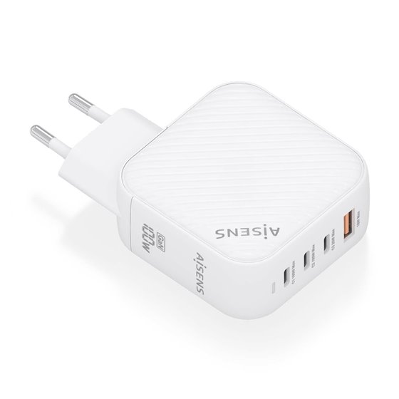 Cargador GaN 100W, 3xUSB-C PD3.0 QC4.0, 1xUSB-A QC3.0, Blanco