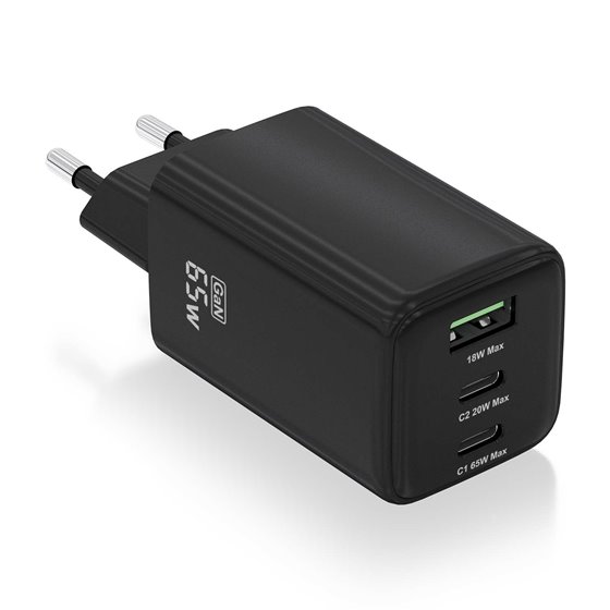 Cargador GaN 65W, 2xUSB-C PD3.0 QC4.0, 1xUSB-A QC3.0, Negro