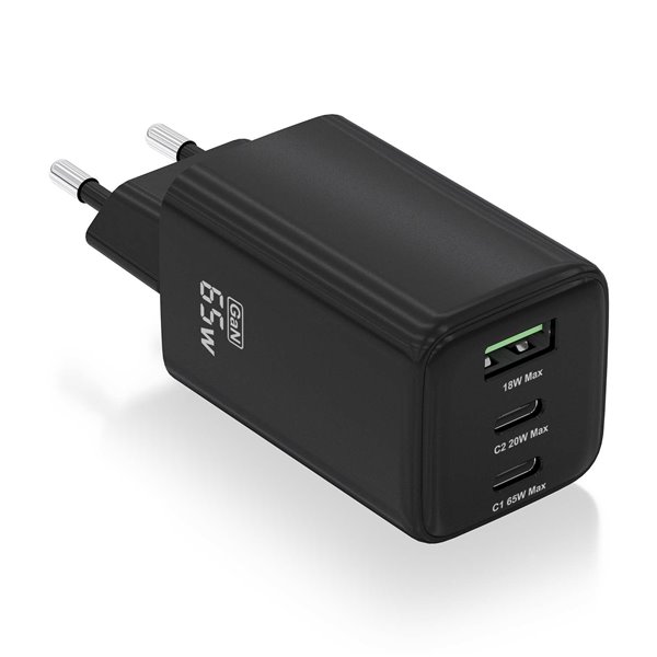 Cargador GaN 65W, 2xUSB-C PD3.0 QC4.0, 1xUSB-A QC3.0, Negro