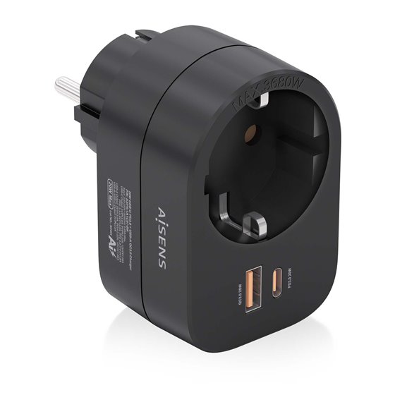 Regleta De Pared Multifuncion Con 1 Toma + 1xUSB-C 20W PD3.0, 1xUSB-A 20W QC3.0, Negro