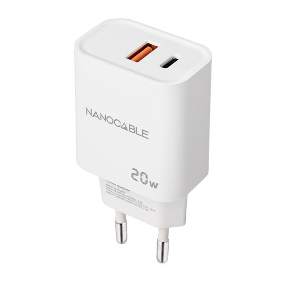 Cargador USB-C/PD + USB-A/QC 20W, Blanco