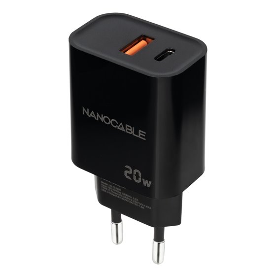 Cargador USB-C/PD + USB-A/QC 20W, Negro