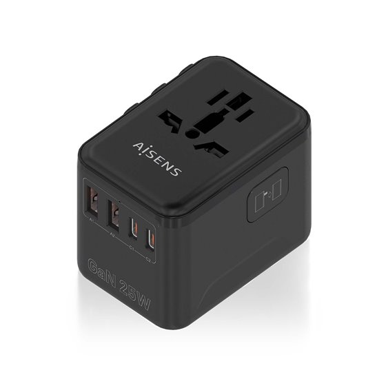 Adaptador Enchufe Universal Para Viaje EU/USA/UK/AU Con Cargador USB GaN, 2xUSB-A QC3.0, 2xUSB-C PD3.0 25W, Negro