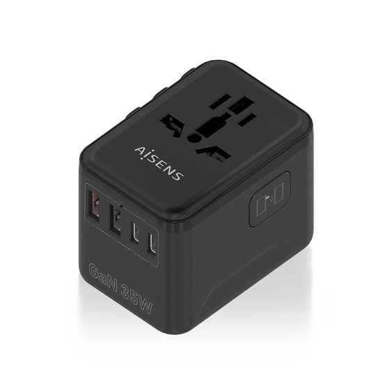 Adaptador Enchufe Universal Para Viaje EU/USA/UK/AU Con Cargador USB GaN, 2xUSB-A (A1 QC3.0), 3xUSB-C (C1 PD3.0) 35W, Negro