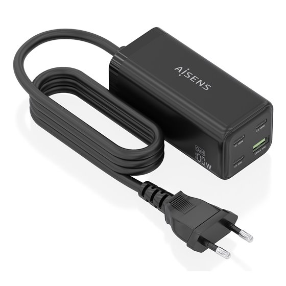 Cargador Sobremesa GaN 100W, 3x USB-C PD3.0 QC4.0 QC5.0, 1x USB-A QC3.0, Negro