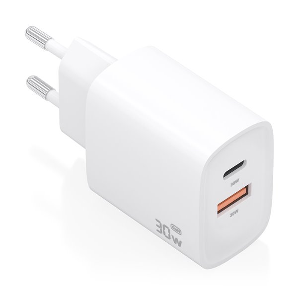 Cargador Gan 30W, 1xUSB-C PD3.0 QC4.0, 1xUSB-A QC3.0, Blanco