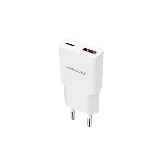 Cargador USB-C/PD 20W + USB-A/QC 20W, Blanco