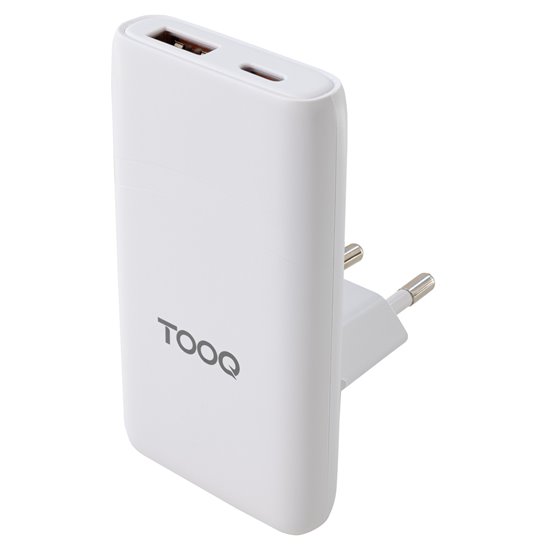 Cargador de viaje Tipo C y Tipo A, GaN 65W, USB-C/PD + USB-A/QC, Blanco