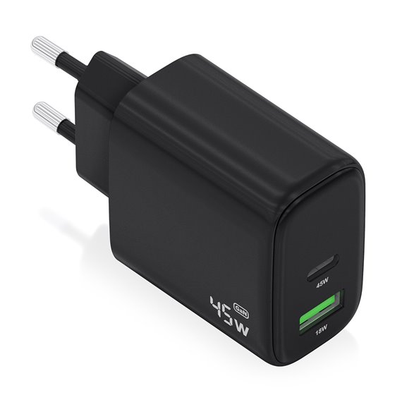 Cargador GaN 45W, 1xUSB-C PD3.0 QC4.0, 1xUSB-A QC3.0, Negro