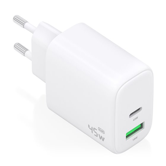 Cargador GaN 45W, 1xUSB-C PD3.0 QC4.0, 1xUSB-A QC3.0, Blanco