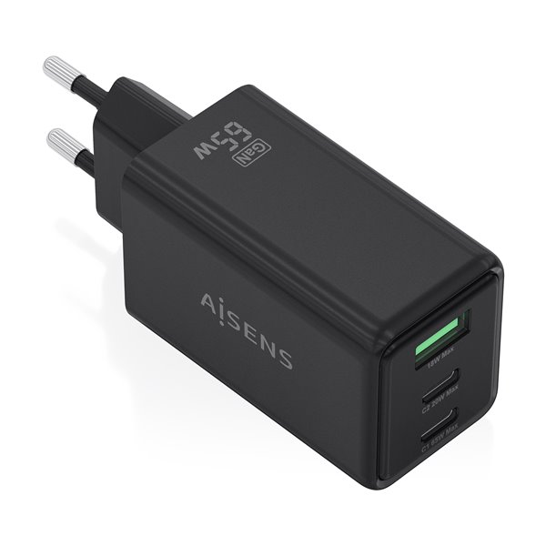 Cargador GaN 65W, 2xUSB-C PD3.0 QC4.0, 1xUSB-A QC3.0, Negro