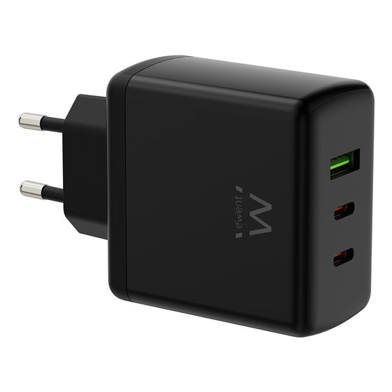 Cargador rápido GaN de 65W con 3 puertos (2 USB-C PD y 1 USB-A QC), diseño compacto