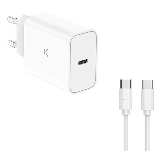 Cargador de red 30 W, PPS, Power Delivery, Carga ultra rápida, USB-C + Cable USB-C a USB-C 60 W, 1 m, Blanco