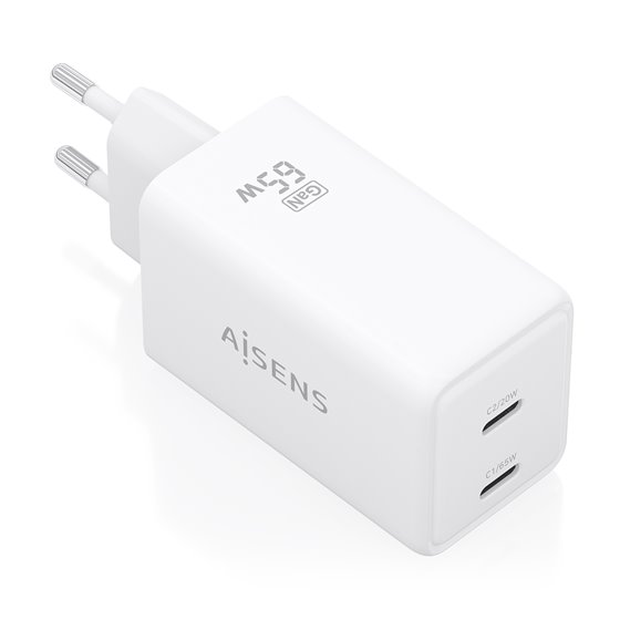 Cargador GaN 65W, 2xUSB-C PD3.0 QC4.0, Blanco